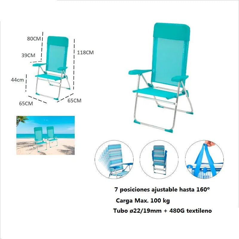 High Folding Beach Chair – Aluminum Frame & Cushion